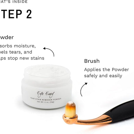 Product Energy Guide Eye Envy Cat Tear Stain Remover Starter Kit with ProPowder Brush. Stain Solution, Applicator Pads, Stain Powder, and Small Applicator Brush. Tear Stain Cleaning Kit. Lasts 30-45 Days. Made in USA.