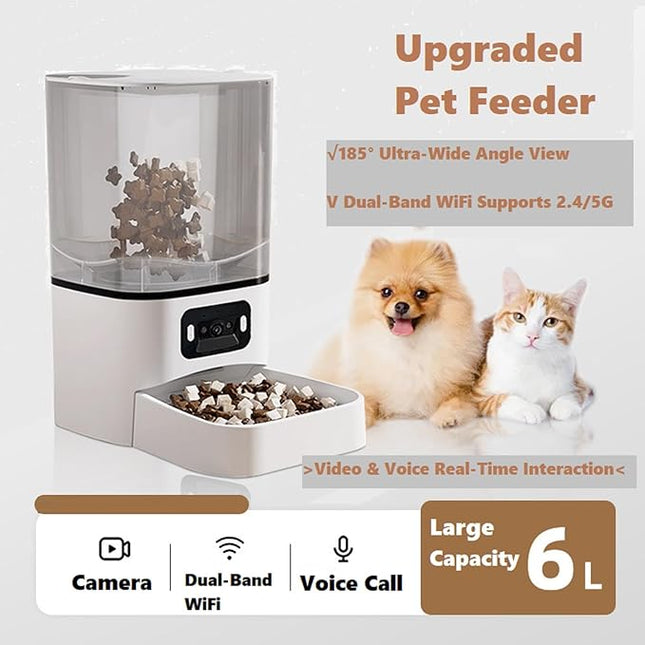 Automatic Cat Feeder with Camera, 6L Smart Food Dispenser for Cats and Dogs，Large Cat Food Storage Container App Control, 1080p HD Video, Two-Way Audio