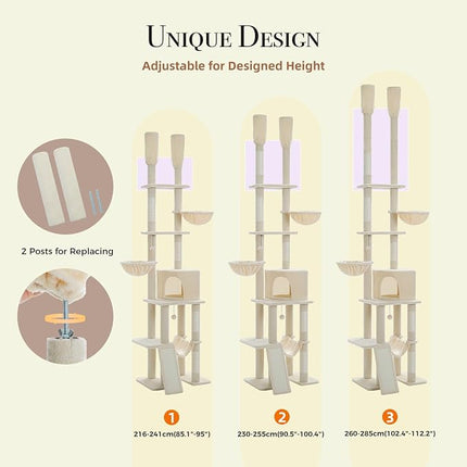 PAWZ Road Floor to Ceiling Cat Tree, 85–112" Tall Cat Tower with Dual Posts