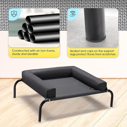 Cooling Elevated Dog Bed with Pillows, Raised Pet Bed for Small Medium Dogs, Portable Washable Dog Cot with No-Slip Rubber Feet, Indoor & Outdoor Use, Black, Medium(88x64x20CM)
