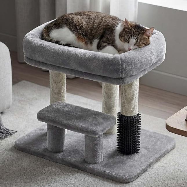 Heybly Cat Scratching Post with Grooming Brush & Gentle Step, HSP001SW Light Gray