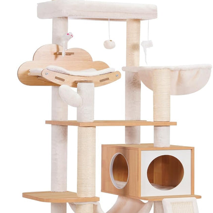 Heybly Wood Cat Tree for Indoor Cats, Cat Condo for Large Cats with Self Groomer,Walnut