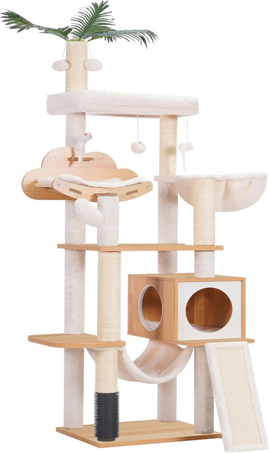 Heybly Wood Cat Tree for Indoor Cats, Cat Condo for Large Cats with Self Groomer,Walnut