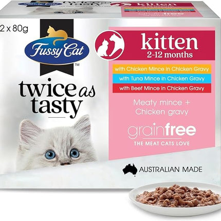 Fussy Cat Grain Free Twice as Tasty Kitten Wet Food, Kitten Mince 12x80g - Two Tasty Textures, One Irresistible Meal, Real Australian Meat, Grain-Free & Complete Nutrition (Pack of 3)