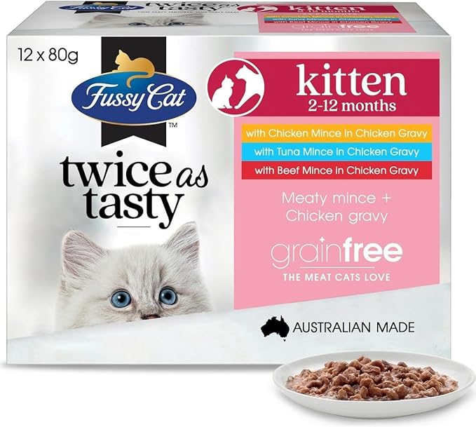 Fussy Cat Grain Free Twice as Tasty Kitten Wet Food, Kitten Mince 12x80g - Two Tasty Textures, One Irresistible Meal, Real Australian Meat, Grain-Free & Complete Nutrition (Pack of 3)