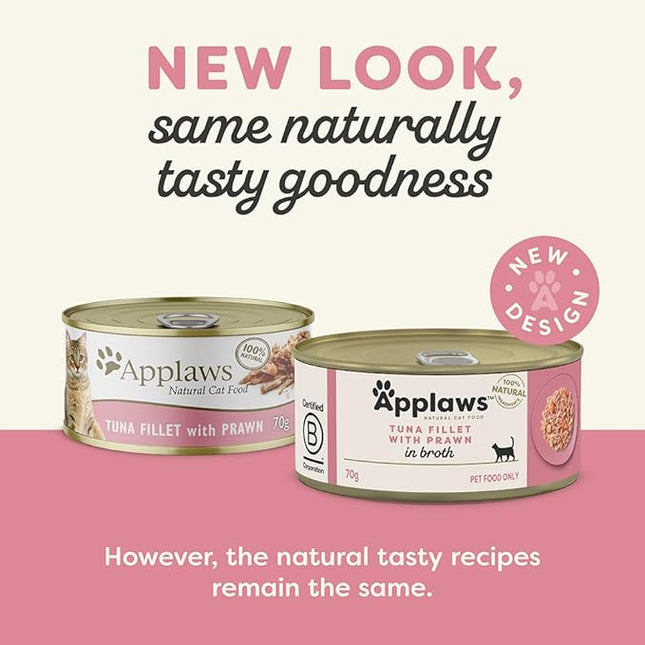 Applaws 100% Natural Wet Cat Food Tuna Fillet with Prawns in Broth, Limited Ingredients Pet Food 70g Tin (Pack of 24)