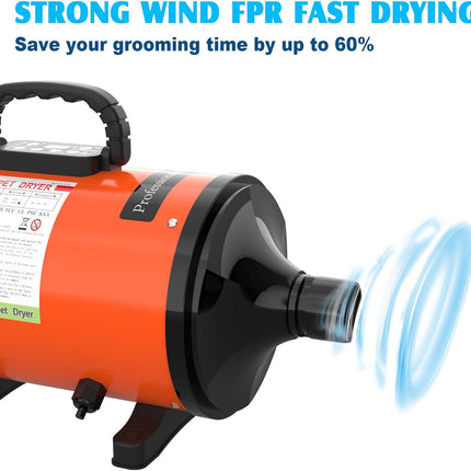 ADVWIN Dog Dryer, Pet Grooming Blow Dryer with LCD Display & Temperature Control, 50-120m/s Adjustable Speed, 4 Different Nozzles, Orange