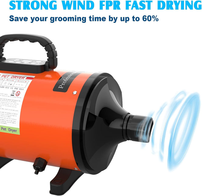 ADVWIN Dog Dryer, Pet Grooming Blow Dryer with LCD Display & Temperature Control, 50-120m/s Adjustable Speed, 4 Different Nozzles, Orange