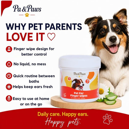 Pa & Paws Pet Ear Finger Wipes – Gentle Ear Cleaner for Dogs & Cats | Removes Wax, Odour & Dirt | Alcohol-Free Natural Formula (50pcs)