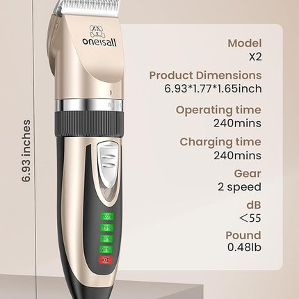 oneisall Quiet Clipper, Cat, Dogs, Professional Hair Trimmer for Long Hair Cats with Thick Fur, Dog Clipper, Cat Shaver with Powerful Motor (Gold)