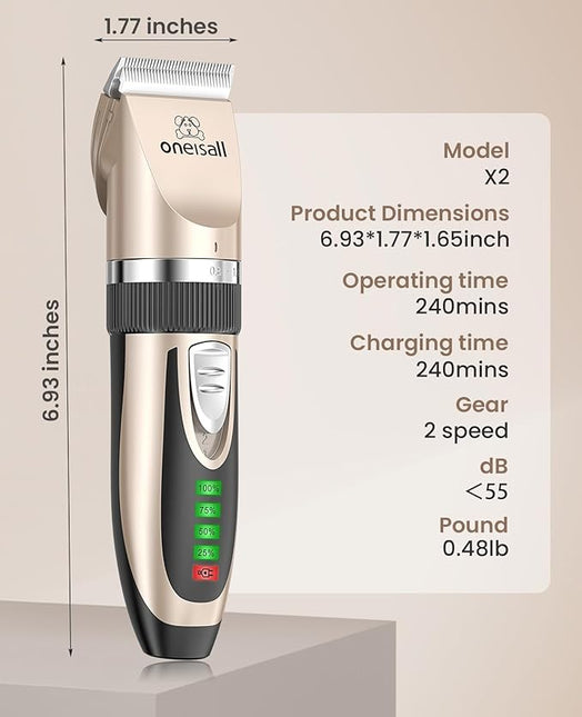 oneisall Quiet Clipper, Cat, Dogs, Professional Hair Trimmer for Long Hair Cats with Thick Fur, Dog Clipper, Cat Shaver with Powerful Motor (Gold)