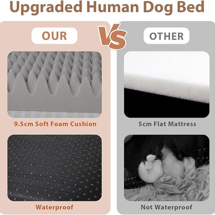 Human Dog Bed, 180x110x25 cm Dog Bed for You and Pets, with Memory Foam, Plump Pillow, Blanket, Washable Faux Fur Dog Bed for People Doze Off, Napping Orthopedic Dog Bed - Grey