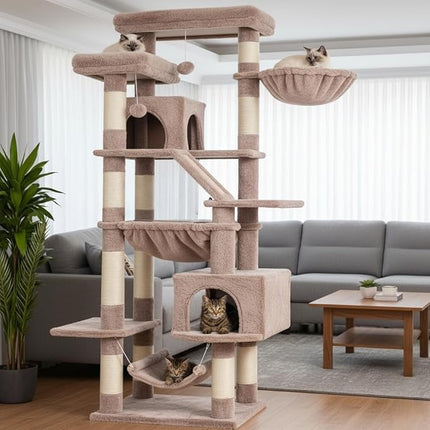 Heybly Cat Tree, 180cm Tall Tower for Indoor Cats with 2 Perches, 2 Big Condos, 2 Hammocks, Basket, Mushroom