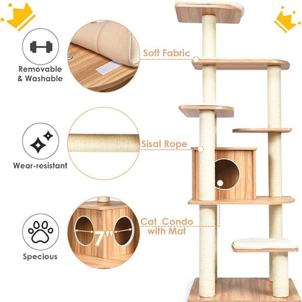 Cat Tree, Wooden Cat Tower with 6-Layer Platform, Sisal Rope Scratching Posts