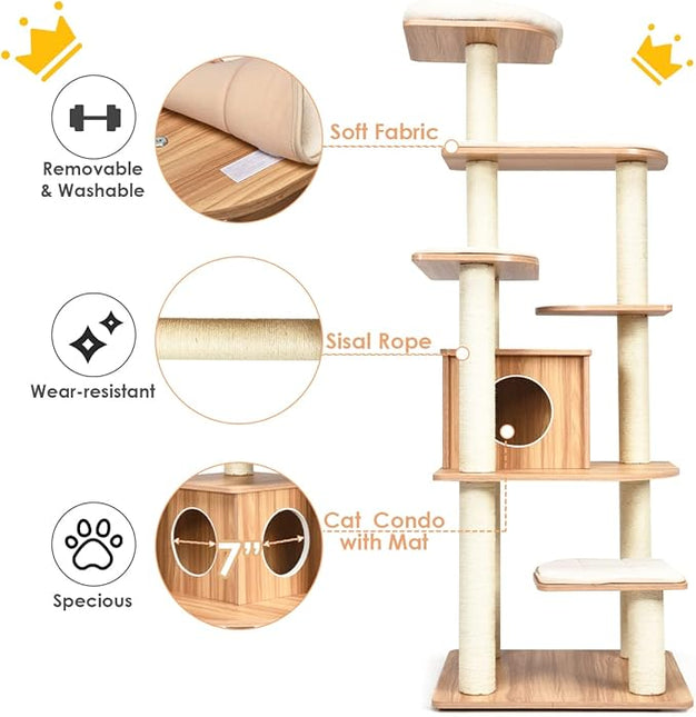 Cat Tree, Wooden Cat Tower with 6-Layer Platform, Sisal Rope Scratching Posts