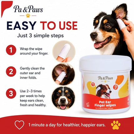 Pa & Paws Pet Ear Finger Wipes – Gentle Ear Cleaner for Dogs & Cats | Removes Wax, Odour & Dirt | Alcohol-Free Natural Formula (50pcs)