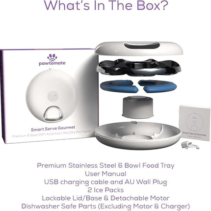 Original Pawtomate Smart Serve Gourmet – Wet Food Automatic Feeder, WiFi & App-Controlled Timed Pet Feeder, Dry/Wet Food, 6 Bowl Stainless Steel Tray, Rechargeable Battery, Ice Packs – For Cats & Dogs