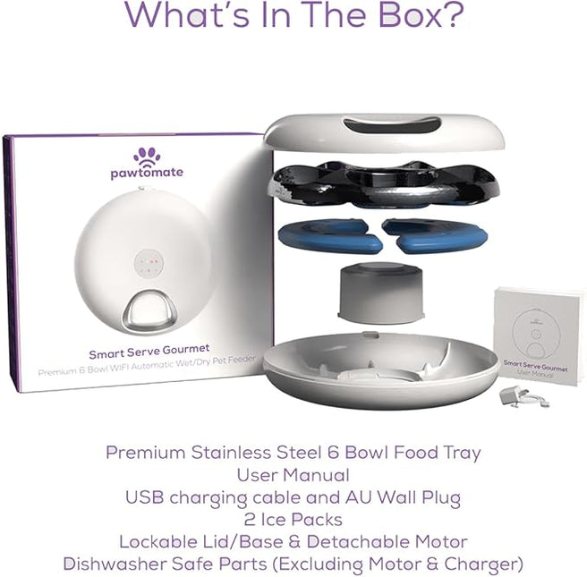 Original Pawtomate Smart Serve Gourmet – Wet Food Automatic Feeder, WiFi & App-Controlled Timed Pet Feeder, Dry/Wet Food, 6 Bowl Stainless Steel Tray, Rechargeable Battery, Ice Packs – For Cats & Dogs