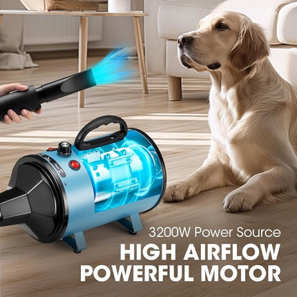 Dog Dryer for Pet Grooming, 3200W High Velocity Force Blow Pet Dryer, Adjustable Speed & Temperature Control Dog Blow Dryer, Quiet Dog Hair Dryer with 3 Nozzle
