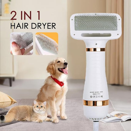 2 in 1 Pet Hair Dryer, Pet Grooming Blowing Dryer with Slicker Brush, 3 Heat Settings, One-Button Hair Removal, Portable Dog Blower, Professional Home Grooming Furry Drying for Cat Dog