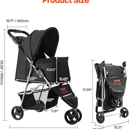 VEVOR Pet Stroller, 35 lbs Weight Capacity, Foldable Dog Stroller Cart, 3 Wheels Cats Strollers with Mesh Windows and Cup Holders