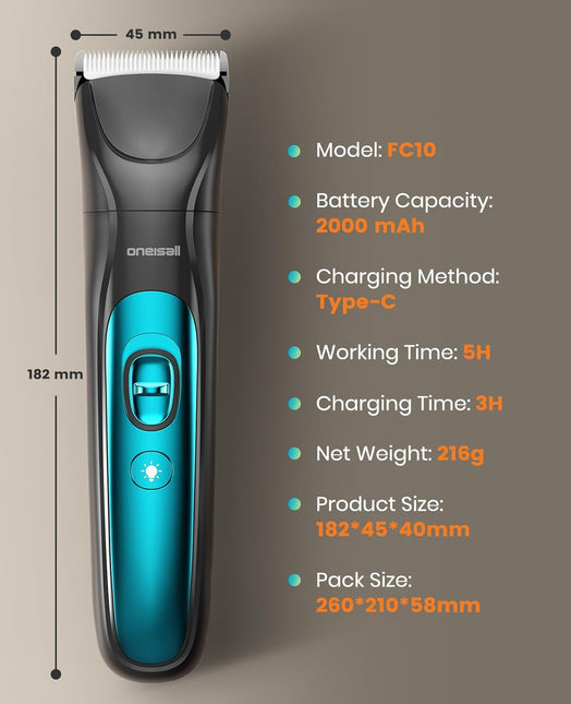 oneisall Dog Clippers & Paw Trimmer 4 in 1 Grooming Kit, Dog Grooming Clippers with LED Light for Full-Body Grooming, Cordless Silent