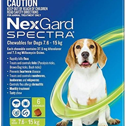 NexGard Spectra For Medium Dogs (7.6-15 kg) 6 pack - Flea, Tick, Mite, Heartworm & Intestinal Worm Protection Chews for Dogs