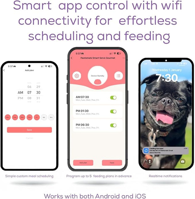 Original Pawtomate Smart Serve Gourmet – Wet Food Automatic Feeder, WiFi & App-Controlled Timed Pet Feeder, Dry/Wet Food, 6 Bowl Stainless Steel Tray, Rechargeable Battery, Ice Packs – For Cats & Dogs