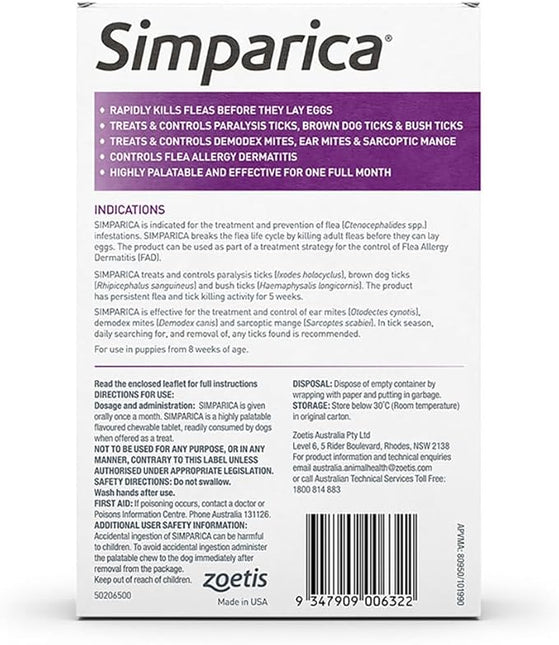 Simparica Fleas and Tick Chewable Tablets for Extra Small 2.6-5 kg Dog, Purple (Pack of 3)