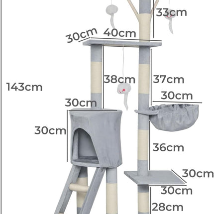 Pawz Cat Tree, 143cm Cat Scratching Post and Pads, Multi-Level Play Tower, Grey