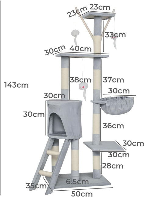Pawz Cat Tree, 143cm Cat Scratching Post and Pads, Multi-Level Play Tower, Grey