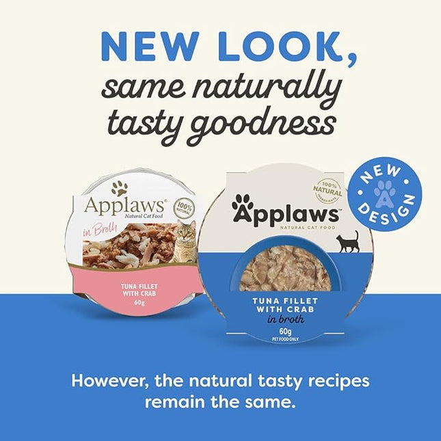 Applaws 100% Natural Wet Cat Food Tuna Fillet with Crab in Broth, Limited Ingredients Pet Food 60g Pot (Pack of 10)