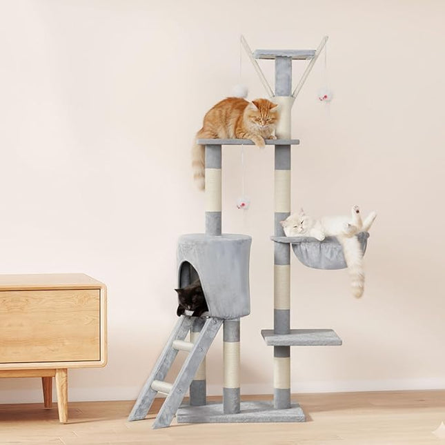 Pawz Cat Tree, 143cm Cat Scratching Post and Pads, Multi-Level Play Tower, Grey