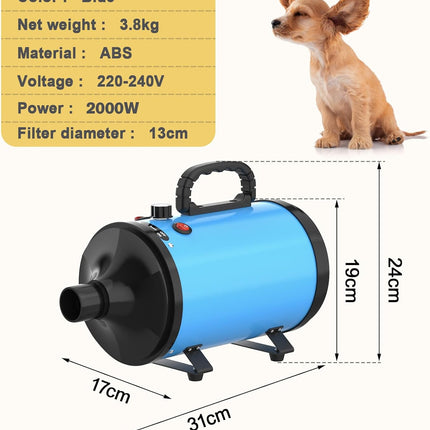 ADVWIN Dog Dryer, Pet Grooming Blow Dryer with Adjustable Speed, 3 Different Nozzles,Blue