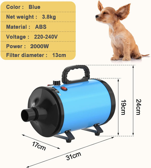 ADVWIN Dog Dryer, Pet Grooming Blow Dryer with Adjustable Speed, 3 Different Nozzles,Blue