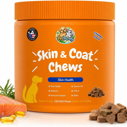Skin & Coat Chews for Dogs – Omega-3, Salmon Oil, Krill Oil & Biotin,120 Chews