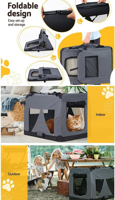 i.Pet Pet Carrier, 82 x 58 x 58cm 600D Oxford Extra Large Dog Crate Cat Carriers Foldable Bag Soft Sided Collapsible Travel Handbag Pets Products, Portable Removable Roof Cover Side Pocket Grey