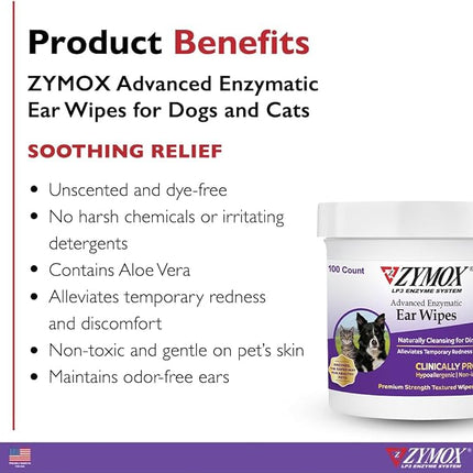 Zymox Advanced Enzymatic Ear Wipes for Dogs and Cats - Hypoallergenic - 100 ct