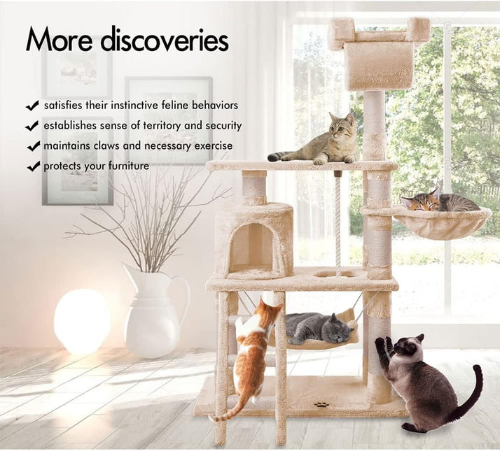 BEASTIE Cat Tree 141cm Tall, Multi-Level Wood Scratching Post Tower with Scratcher, Beige Colour