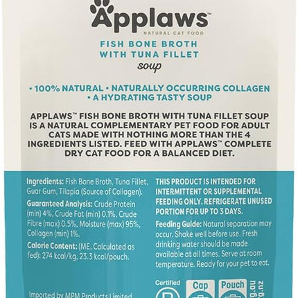 Applaws 100% Natural Wet Cat Treat Fish Bone Broth with Tuna Fillet Soup, Limited Ingredients Pet Food 80g (Pack of 6)