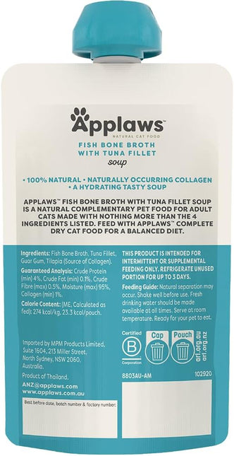 Applaws 100% Natural Wet Cat Treat Fish Bone Broth with Tuna Fillet Soup, Limited Ingredients Pet Food 80g (Pack of 6)
