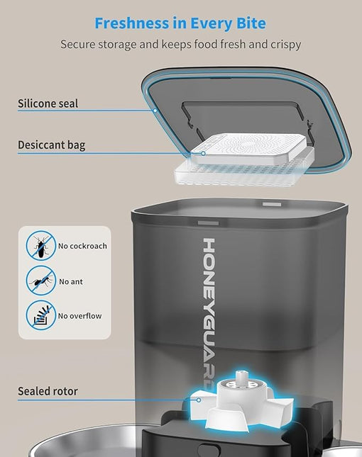 HoneyGuaridan Automatic Cat Feeder, 2 Bowls with Motion Sensor, 5G/2.4G WiFi Intelligent Cat Feeder for Remote Feeding, 5 L