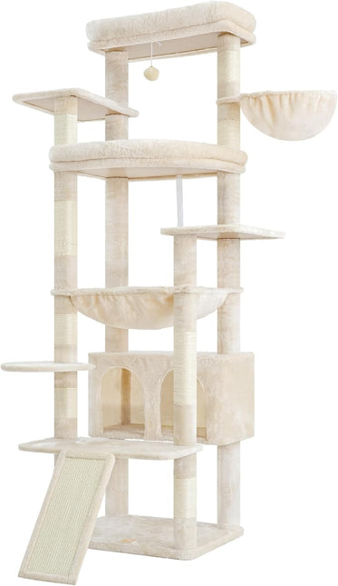 Heybly HCT038M Cat Scratching Post, 202 cm Large Scratching Post with 2 Extra Large Cuddly Platforms, Beige