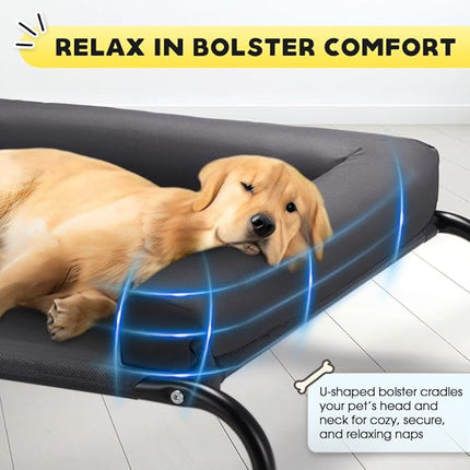 Cooling Elevated Dog Bed with Pillows, Raised Pet Bed for Small Medium Dogs, Portable Washable Dog Cot with No-Slip Rubber Feet, Indoor & Outdoor Use, Black, Medium(88x64x20CM)