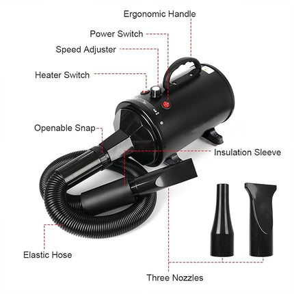Dog Hair Dryer, 2800 W Professional Blower Dog Dryer, Adjustable Speed and Heat, Pet Dryer, Dog Grooming Dryer with 4 Different Nozzles (Black)