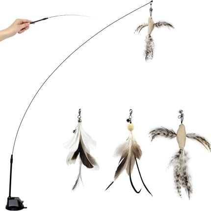 Cat Wand Toys with Suction Cup, Interactive Bird Simulation Cat Toy Set,Cat Teaser Cat Toys,Flexible Steel Wire and 3Pcs Replacement Feather Refills with Bells