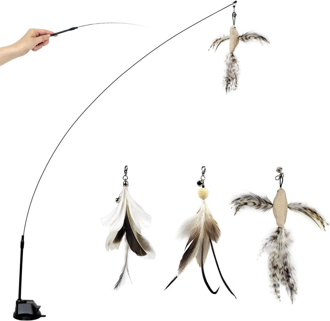 Cat Wand Toys with Suction Cup, Interactive Bird Simulation Cat Toy Set,Cat Teaser Cat Toys,Flexible Steel Wire and 3Pcs Replacement Feather Refills with Bells
