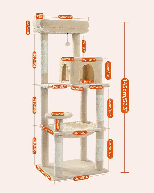 PAWZ Road Cat Tree 143cm Cat Scratching Post Multi-Level Play Tower with a Large Hammock and Top Perch Home Pet Furniture Beige
