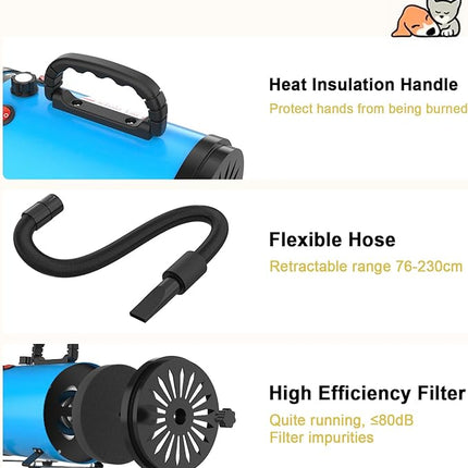 ADVWIN Dog Dryer, Pet Grooming Blow Dryer with Adjustable Speed, 3 Different Nozzles,Blue