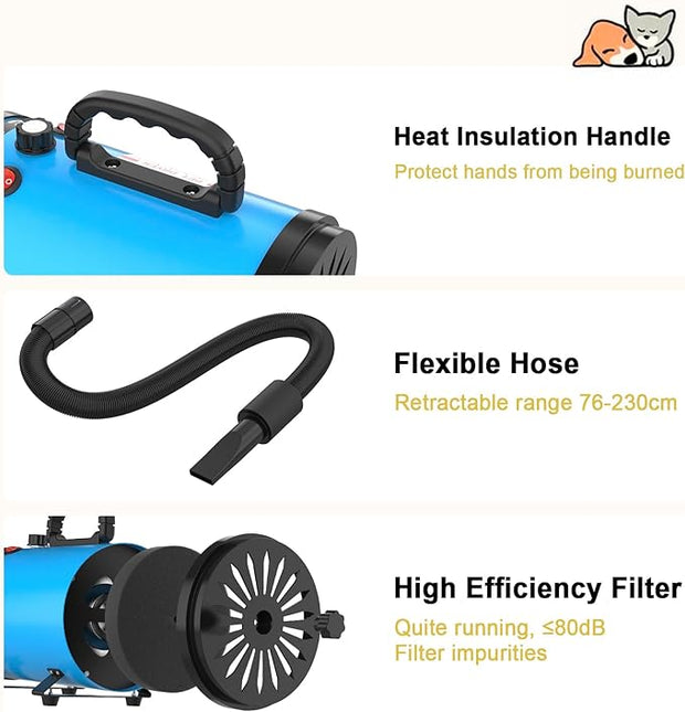 ADVWIN Dog Dryer, Pet Grooming Blow Dryer with Adjustable Speed, 3 Different Nozzles,Blue